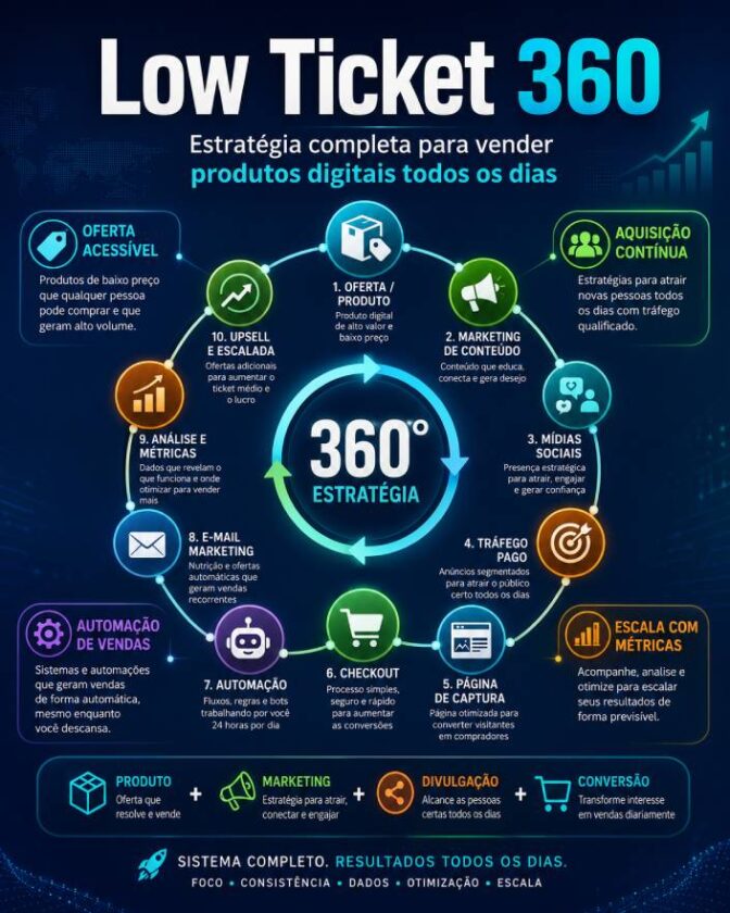 Conheça a estratégia Low Ticket 360 para criar produtos digitais, atrair clientes, estruturar funis e construir uma operação de vendas contínuas.