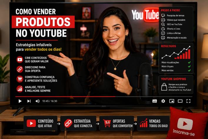 Aprenda como vender produtos no YouTube usando vídeos, Shorts, lives, SEO, YouTube Shopping, anúncios e estratégias