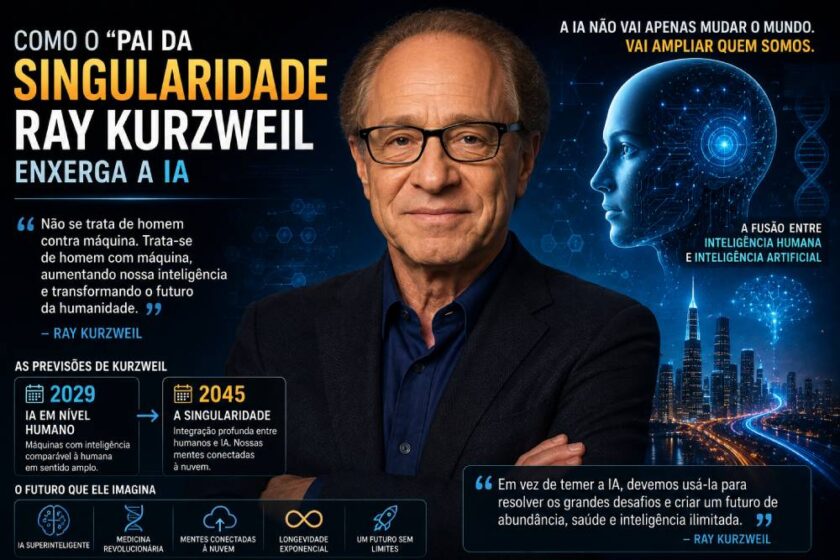 Entenda como Ray Kurzweil enxerga a inteligência artificial, por que prevê IA em nível humano até 2029 e a Singularidade em 2045.