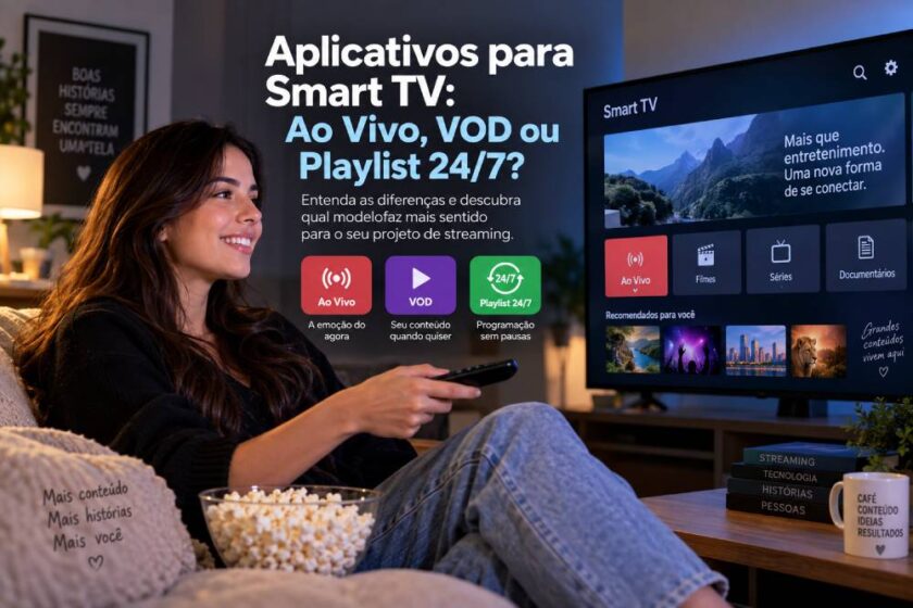 Veja as diferenças entre aplicativos para Smart TV ao vivo, VOD e playlist 24/7 e saiba qual modelo faz mais sentido para seu projeto de streaming.