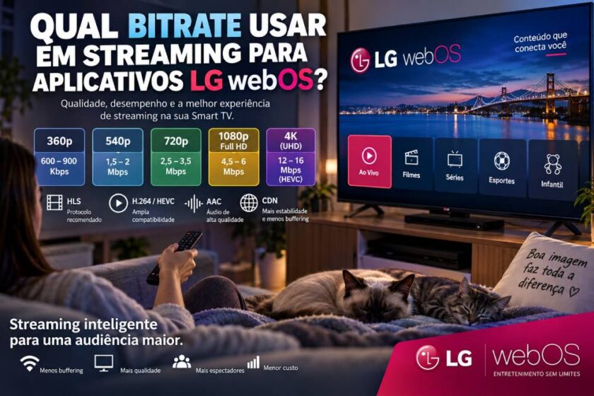 Descubra qual bitrate usar em streaming para aplicativos LG webOS, com configurações recomendadas para 720p, 1080p e 4K, HLS, H.264 e HEVC.